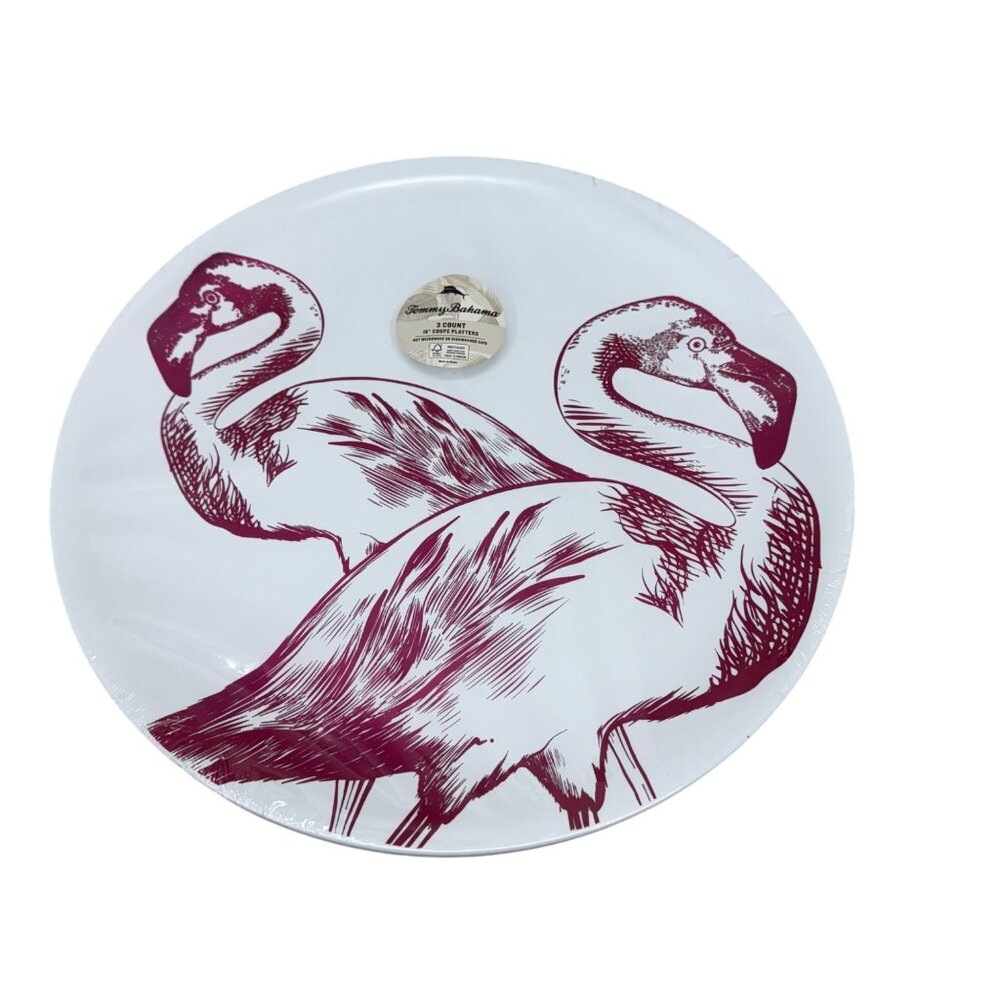 Tommy Bahama Pink Flamingo White 16" Plastic Platter Serving Plates 3 Count NEW